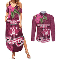 Fiji Adi Cakobau School Couples Matching Summer Maxi Dress and Long Sleeve Button Shirt Tropical Flower and Tapa Pattern LT03 Pink - Polynesian Pride