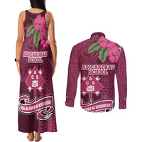 Fiji Adi Cakobau School Couples Matching Tank Maxi Dress and Long Sleeve Button Shirt Tropical Flower and Tapa Pattern LT03 - Polynesian Pride