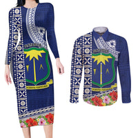 Fiji Natabua High School Couples Matching Long Sleeve Bodycon Dress and Long Sleeve Button Shirt Tropical Flower and Tapa Pattern Blue Style LT03 Blue - Polynesian Pride