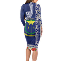 Fiji Natabua High School Long Sleeve Bodycon Dress Tropical Flower and Tapa Pattern Blue Style LT03 - Polynesian Pride