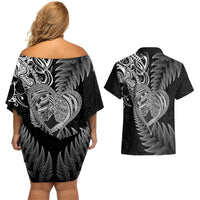 New Zealand Valentine Day Couples Matching Off Shoulder Short Dress and Hawaiian Shirt Aotearoa Warrior and Woman Love Heart Silver Fern Koru LT03 - Polynesian Pride