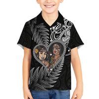 New Zealand Valentine Day Family Matching Short Sleeve Bodycon Dress and Hawaiian Shirt Aotearoa Warrior and Woman Love Heart Silver Fern Koru LT03 Son's Shirt Black - Polynesian Pride