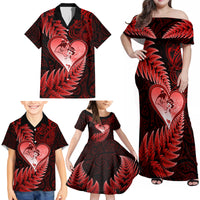 New Zealand Valentine Day Family Matching Off Shoulder Maxi Dress and Hawaiian Shirt Aotearoa Warrior and Woman Love Story Silver Fern Koru Red Style LT03 - Polynesian Pride
