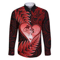 New Zealand Valentine Day Family Matching Tank Maxi Dress and Hawaiian Shirt Aotearoa Warrior and Woman Love Story Silver Fern Koru Red Style LT03 Dad's Shirt - Long Sleeve Red - Polynesian Pride