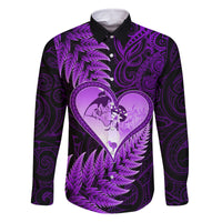 New Zealand Valentine Day Family Matching Long Sleeve Bodycon Dress and Hawaiian Shirt Aotearoa Warrior Love Story Silver Fern Koru Purple Style LT03 Dad's Shirt - Long Sleeve Purple - Polynesian Pride