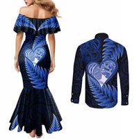 New Zealand Valentine Day Couples Matching Mermaid Dress and Long Sleeve Button Shirt Aotearoa Warrior Love Story Silver Fern Koru Blue Style LT03 - Polynesian Pride