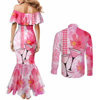 Hawaiian Cocktail Valentine Day Couples Matching Mermaid Dress and Long Sleeve Button Shirt Hibiscus Kakau Pattern Pink Version LT03 - Polynesian Pride