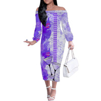 Hawaiian Cocktail Valentine Day Family Matching Off Shoulder Long Sleeve Dress and Hawaiian Shirt Hibiscus Kakau Pattern Purple Version LT03 Mom's Dress Purple - Polynesian Pride