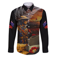 Slouch Hat and Biscuits ANZAC Family Matching Off Shoulder Long Sleeve Dress and Hawaiian Shirt with Soldier Silver Fern LT03 Dad's Shirt - Long Sleeve Black - Polynesian Pride