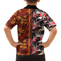 Japanese Culture Hawaii Style Family Matching Off The Shoulder Long Sleeve Dress and Hawaiian Shirt Hawaiian Tribal and Japanese Pattern Together Culture LT03 - Polynesian Pride