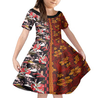 Japanese Culture Hawaii Style Family Matching Off The Shoulder Long Sleeve Dress and Hawaiian Shirt Hawaiian Tribal and Japanese Pattern Together Culture LT03 Daughter's Dress Red - Polynesian Pride