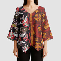 Japanese Culture Hawaii Style Kimono Sleeve Blouse Hawaiian Tribal and Japanese Pattern Together Culture - Polynesian Pride