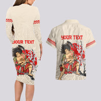 Personalised Japanese Culture Hawaii Style Couples Matching Long Sleeve Bodycon Dress and Hawaiian Shirt Japanese Samurai with Hawaiian Pattern LT03 - Polynesian Pride
