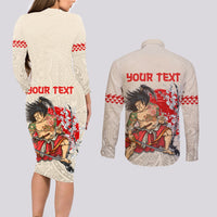 Personalised Japanese Culture Hawaii Style Couples Matching Long Sleeve Bodycon Dress and Long Sleeve Button Shirt Japanese Samurai with Hawaiian Pattern LT03 - Polynesian Pride