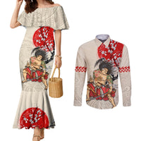 Personalised Japanese Culture Hawaii Style Couples Matching Mermaid Dress and Long Sleeve Button Shirt Japanese Samurai with Hawaiian Pattern LT03 Beige - Polynesian Pride