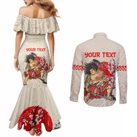 Personalised Japanese Culture Hawaii Style Couples Matching Mermaid Dress and Long Sleeve Button Shirt Japanese Samurai with Hawaiian Pattern LT03 - Polynesian Pride