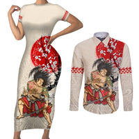 Personalised Japanese Culture Hawaii Style Couples Matching Short Sleeve Bodycon Dress and Long Sleeve Button Shirt Japanese Samurai with Hawaiian Pattern LT03 Beige - Polynesian Pride
