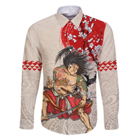 Personalised Japanese Culture Hawaii Style Family Matching Tank Maxi Dress and Hawaiian Shirt Japanese Samurai with Hawaiian Pattern LT03 Dad's Shirt - Long Sleeve Beige - Polynesian Pride