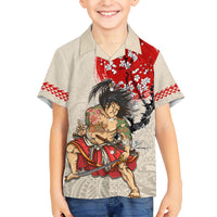 Personalised Japanese Culture Hawaii Style Kid Hawaiian Shirt Japanese Samurai with Hawaiian Pattern LT03 Kid Beige - Polynesian Pride
