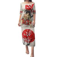 Personalised Japanese Culture Hawaii Style Puletasi Japanese Samurai with Hawaiian Pattern LT03 Long Dress Beige - Polynesian Pride