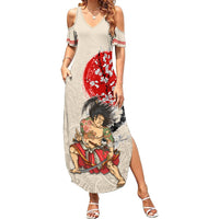 Personalised Japanese Culture Hawaii Style Summer Maxi Dress Japanese Samurai with Hawaiian Pattern LT03 Women Beige - Polynesian Pride