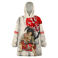 Personalised Japanese Culture Hawaii Style Wearable Blanket Hoodie Japanese Samurai with Hawaiian Pattern LT03 One Size Beige - Polynesian Pride