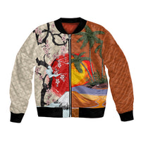 Japanese Culture Hawaii Style Bomber Jacket Mauna Kea and Fuji Mountains LT03 Unisex Brown - Polynesian Pride