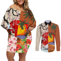 Japanese Culture Hawaii Style Couples Matching Off Shoulder Short Dress and Long Sleeve Button Shirt Mauna Kea and Fuji Mountains LT03 Brown - Polynesian Pride
