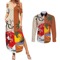Japanese Culture Hawaii Style Couples Matching Summer Maxi Dress and Long Sleeve Button Shirt Mauna Kea and Fuji Mountains LT03 Brown - Polynesian Pride