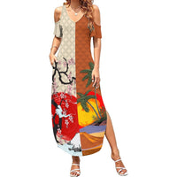 Japanese Culture Hawaii Style Summer Maxi Dress Mauna Kea and Fuji Mountains LT03 Women Brown - Polynesian Pride