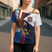 American Samoa and United States Semiquincentennial Cross Shoulder Shirt Bald Eagle with National Flag Style LT03 - Polynesian Pride