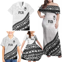 Custom Fijian Rugby Family Matching Off Shoulder Maxi Dress and Hawaiian Shirt Tapa Pattern and Palm Tree Tribal