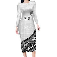 Custom Fijian Rugby Long Sleeve Bodycon Dress Tapa Pattern and Palm Tree Tribal LT03 Long Dress White - Polynesian Pride