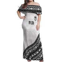 Custom Fijian Rugby Off Shoulder Maxi Dress Tapa Pattern and Palm Tree Tribal LT03 Women White - Polynesian Pride