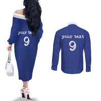 Custom Fijian Football Couples Matching Off The Shoulder Long Sleeve Dress and Long Sleeve Button Shirt Tapa Pattern and Shark Tribal