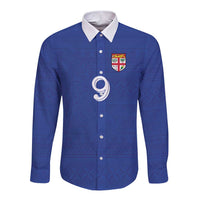 Custom Fijian Football Long Sleeve Button Shirt Tapa Pattern and Shark Tribal LT03 Unisex Blue - Polynesian Pride