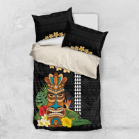 Hawaii Plumeria Lei Bedding Set Tiki and Kakau Pattern Black Color LT03 US Twin 172cm x 218cm Black - Polynesian Pride