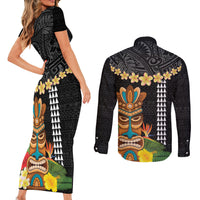 Hawaii Plumeria Lei Couples Matching Short Sleeve Bodycon Dress and Long Sleeve Button Shirt Tiki and Kakau Pattern Black Color LT03 - Polynesian Pride