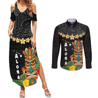 Hawaii Plumeria Lei Couples Matching Summer Maxi Dress and Long Sleeve Button Shirt Tiki and Kakau Pattern Black Color LT03 Black - Polynesian Pride