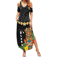 Hawaii Plumeria Lei Family Matching Summer Maxi Dress and Hawaiian Shirt Tiki and Kakau Pattern Black Color