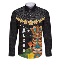 Hawaii Plumeria Lei Family Matching Tank Maxi Dress and Hawaiian Shirt Tiki and Kakau Pattern Black Color LT03 Dad's Shirt - Long Sleeve Black - Polynesian Pride