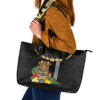 Hawaii Plumeria Lei Leather Tote Bag Tiki and Kakau Pattern Black Color LT03 Black - Polynesian Pride