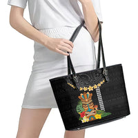 Hawaii Plumeria Lei Leather Tote Bag Tiki and Kakau Pattern Black Color LT03 - Polynesian Pride