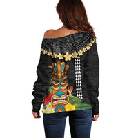 Hawaii Plumeria Lei Off Shoulder Sweater Tiki and Kakau Pattern Black Color