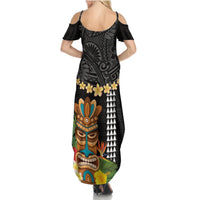 Hawaii Plumeria Lei Summer Maxi Dress Tiki and Kakau Pattern Black Color LT03 - Polynesian Pride