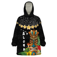Hawaii Plumeria Lei Wearable Blanket Hoodie Tiki and Kakau Pattern Black Color LT03 One Size Black - Polynesian Pride