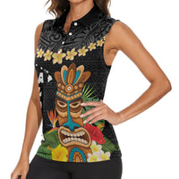 Hawaii Plumeria Lei Women Sleeveless Polo Shirt Tiki and Kakau Pattern Black Color