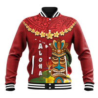 Hawaii Plumeria Lei Baseball Jacket Tiki and Kakau Pattern Red Color LT03 Unisex Red - Polynesian Pride