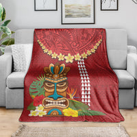 Hawaii Plumeria Lei Blanket Tiki and Kakau Pattern Red Color LT03 - Polynesian Pride
