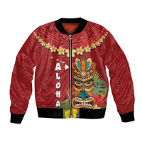 Hawaii Plumeria Lei Bomber Jacket Tiki and Kakau Pattern Red Color LT03 Unisex Red - Polynesian Pride